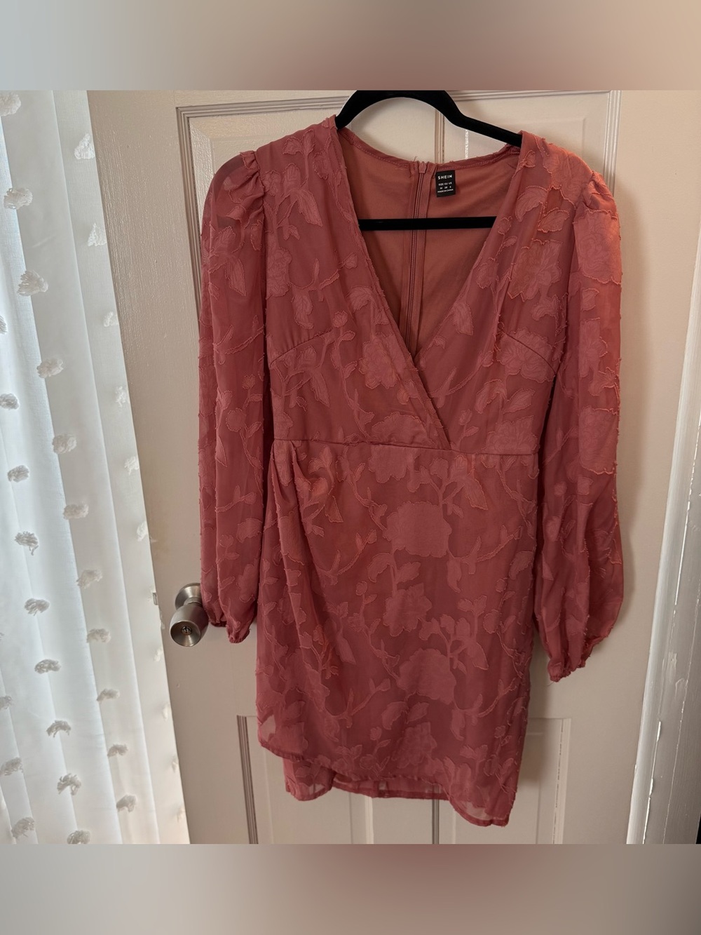 SHEIN Dusty Rose Floral Textured V-Neck Long Sleeve Dress